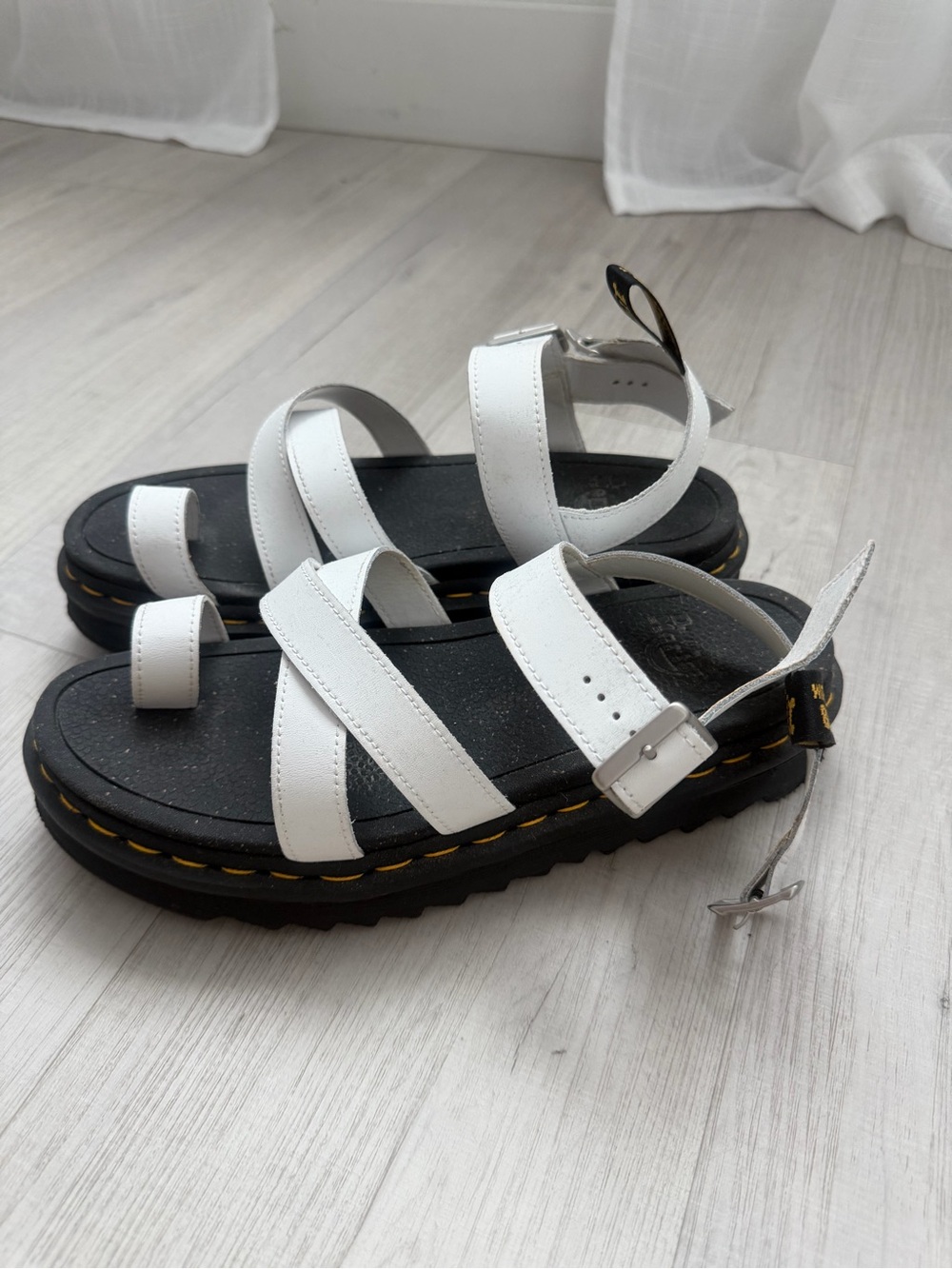 Dr. Martens White Strappy Platform Sandals with Black Sole